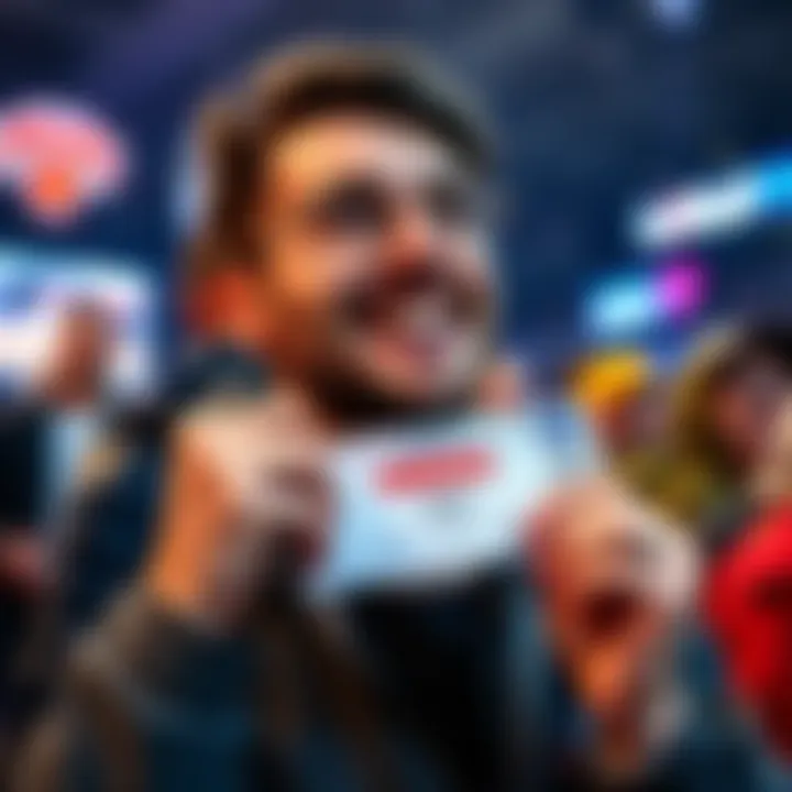A basketball fan excitedly holds a lottery ticket with a hopeful smile, imagining a Knicks victory.