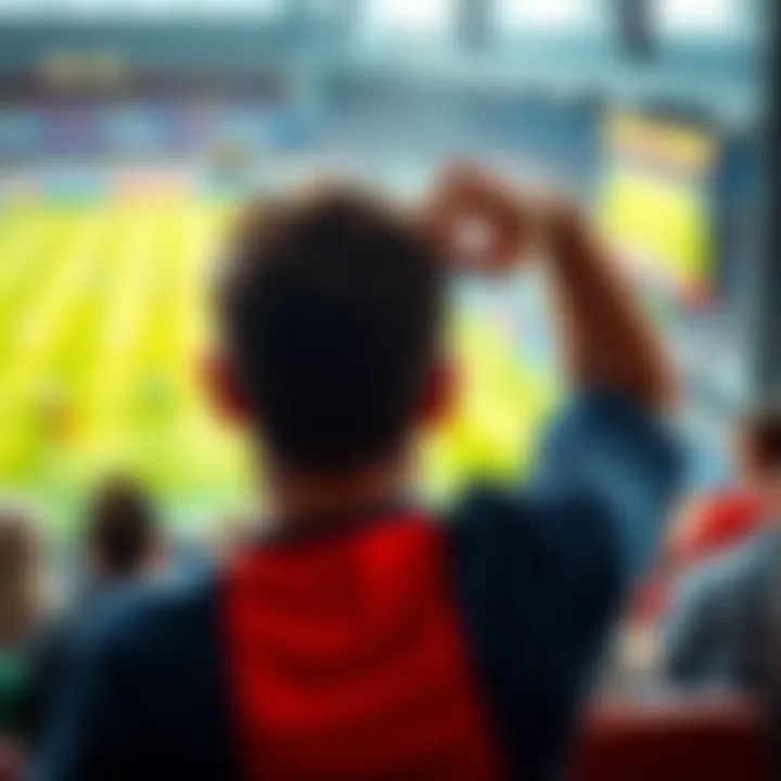 Fan watching World Cup A passionate football fan watching a match with mixed emotions, holding his head in conflict over betting decisions, while a soccer game plays on the screen behind him.