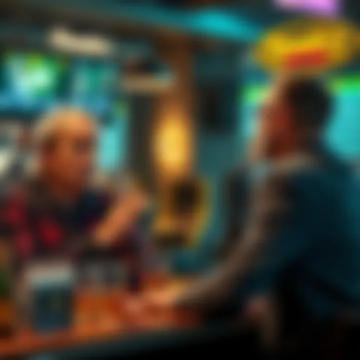 A frustrated bettor discussing a betting dispute with a Fanatics Sportsbook representative in a sports bar setting.