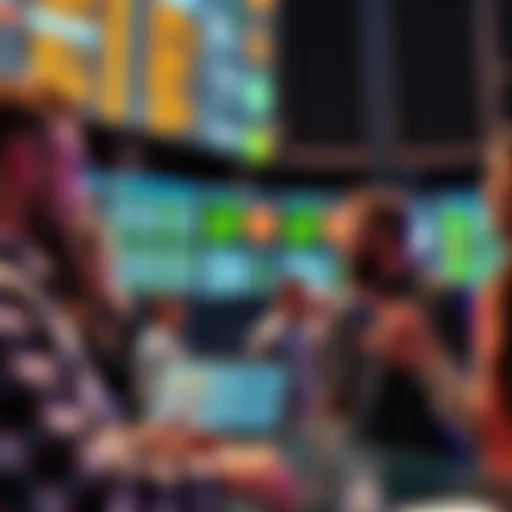 A group of people excitedly discussing betting options at FanDuel Sportsbook with screens displaying odds and markets.