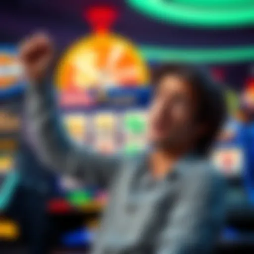 A player celebrating a big win at FANDUEL with a slot machine in the background, showing a dollar sign and spinning reels, while looking concerned about not receiving the payout.