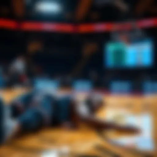 A basketball court with a player injured on the ground, while a computer screen shows FanDuel betting options