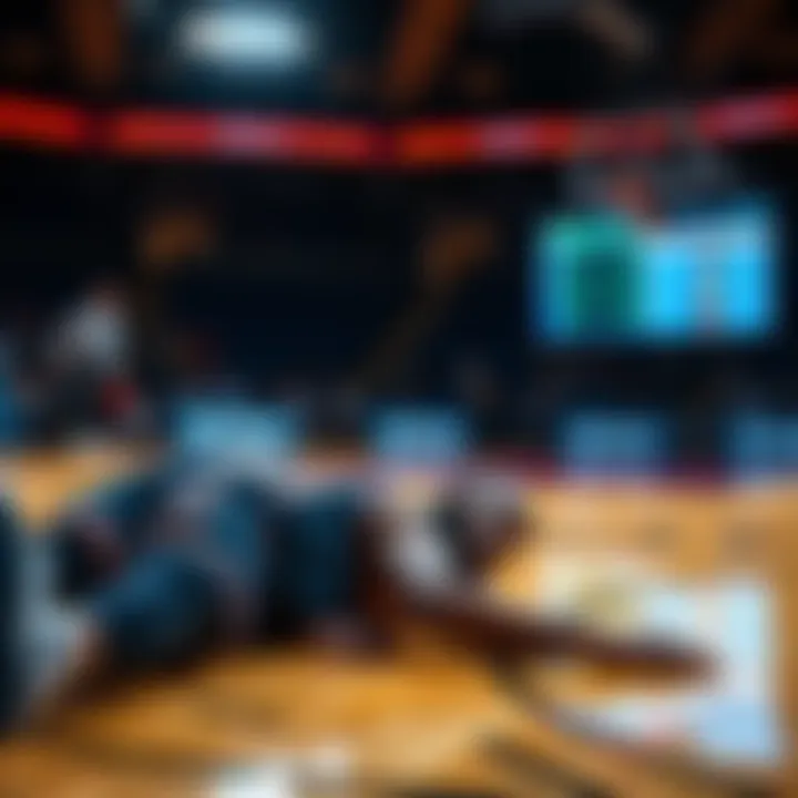 A basketball court with a player injured on the ground, while a computer screen shows FanDuel betting options