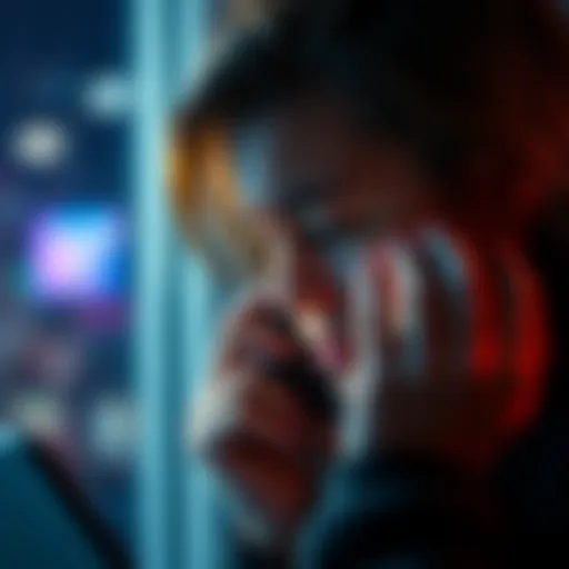 A concerned person answers a phone call, looking troubled about a gambling app's attempt to recruit former players.