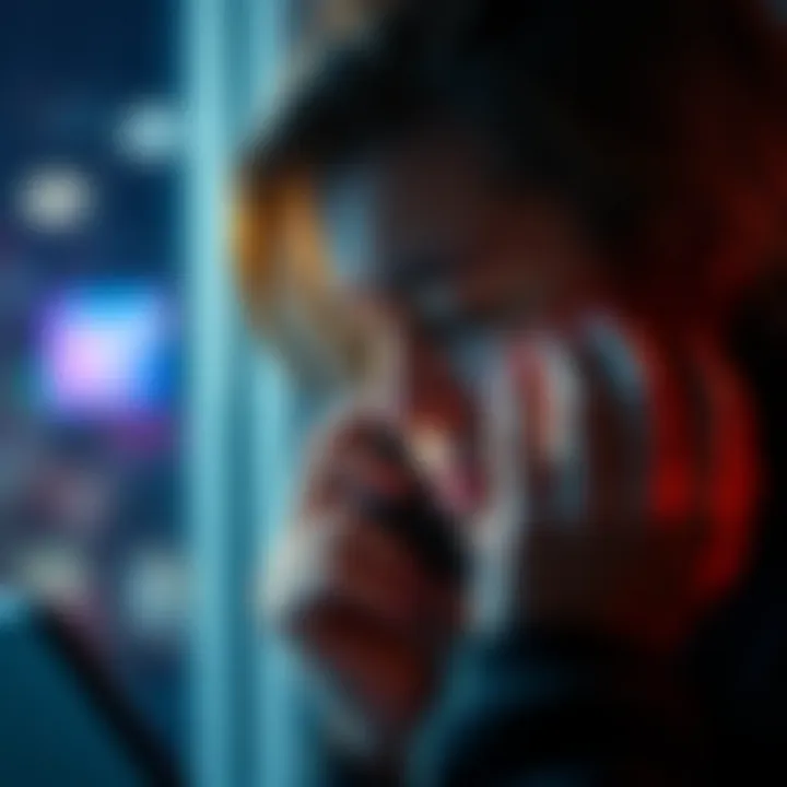 A concerned person answers a phone call, looking troubled about a gambling app's attempt to recruit former players.