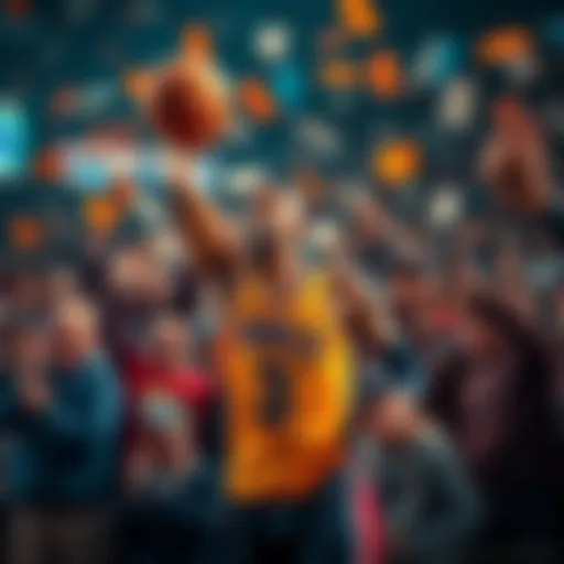 A basketball player in action, representing a betting promo, surrounded by excited fans and betting slips
