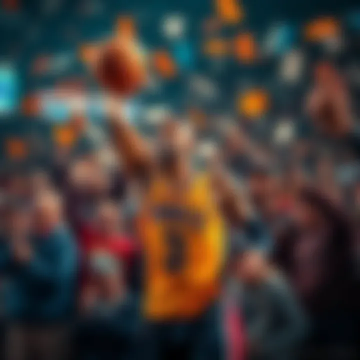 A basketball player in action, representing a betting promo, surrounded by excited fans and betting slips