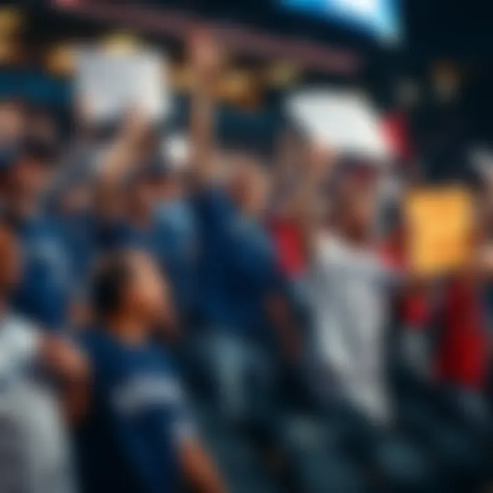 A crowd of enthusiastic baseball fans wearing team jerseys, holding signs and cheering in a stadium, showing support for their team.