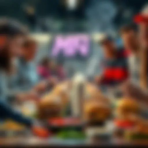 A group of fans preparing food for a football game, featuring burgers and snacks on the table