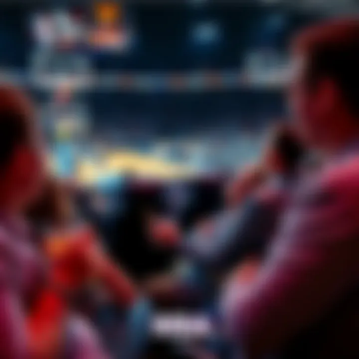 Fans excitedly watching an NBA game, with drinks and snacks in hand, focusing on the live action on the court, discussing possible betting opportunities.