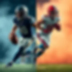 Two football players, Kittle and Allen, depicted in a split image to represent a choice in fantasy football. One side shows a player catching a ball, while the other shows a player running with the football.