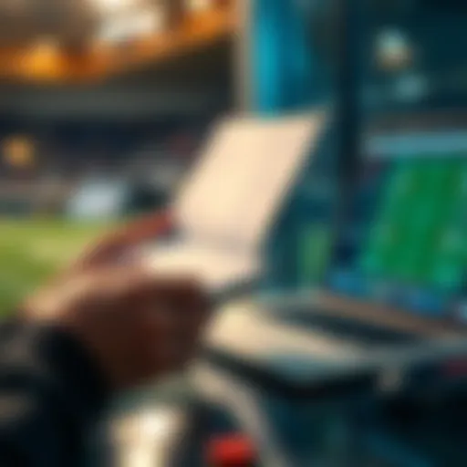 A person reviewing their first Fantasy Football lineup with a notepad and laptop, considering player selections.
