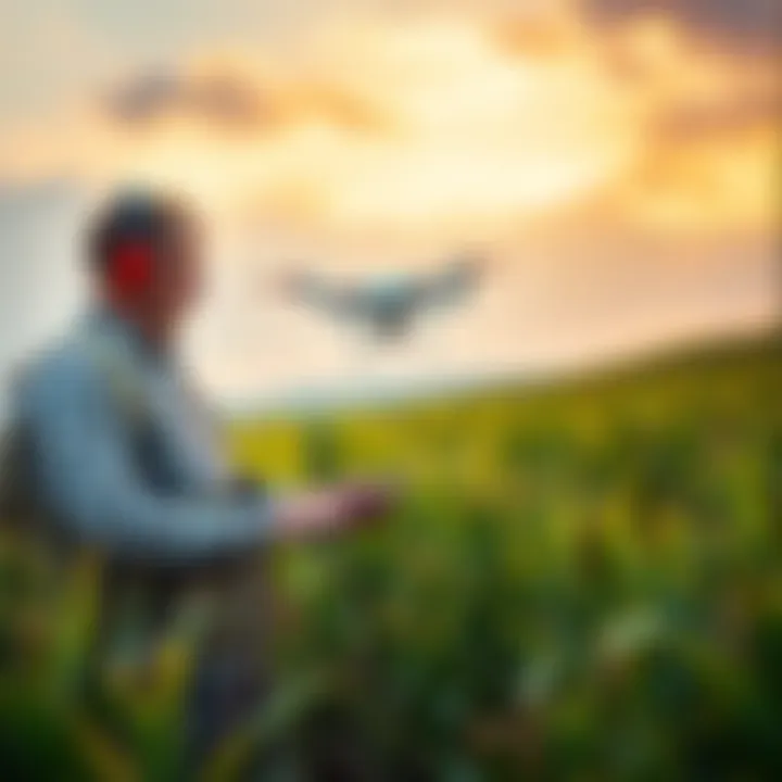 Farmers using drones and digital tools in a field to improve crop management