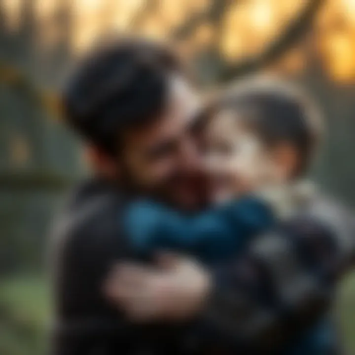A father embraces his child, both smiling and showing deep affection, capturing a touching bond.