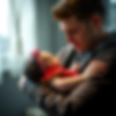 A worried father cradling his newborn while looking stressed about his debts.
