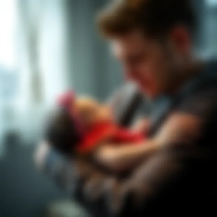 A worried father cradling his newborn while looking stressed about his debts.
