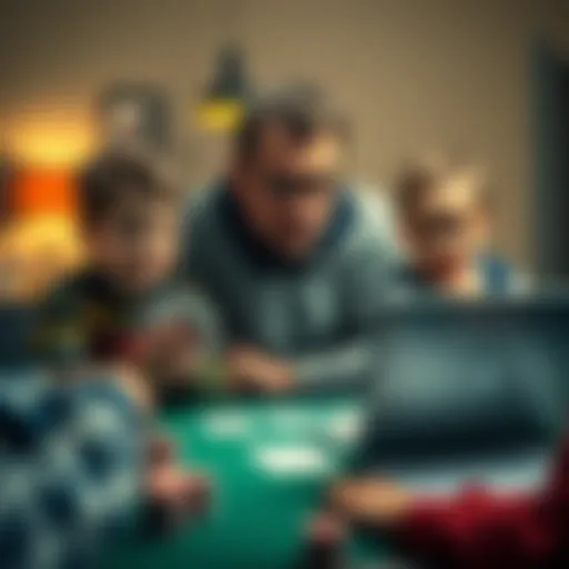A father sits at a table with poker cards in hand, looking focused while his children play nearby and a laptop shows work-related documents.