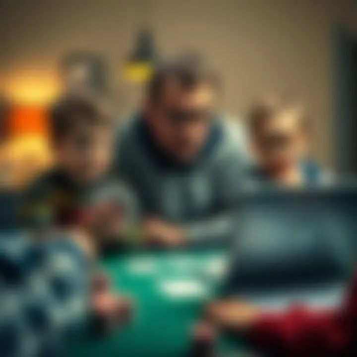A father sits at a table with poker cards in hand, looking focused while his children play nearby and a laptop shows work-related documents.