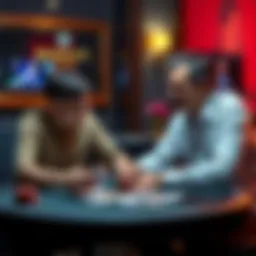A father and son sitting at a table with playing cards, engaged in a serious discussion about Blackjack strategies.