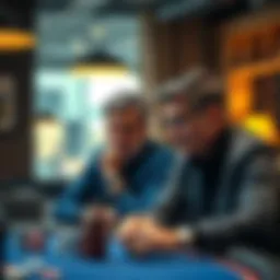 Father and son discussing poker career A father and his son sit at a table, discussing the son's decision to leave law school for poker. The son looks thoughtful, while the father appears concerned.