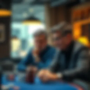 Father and son discussing poker career A father and his son sit at a table, discussing the son's decision to leave law school for poker. The son looks thoughtful, while the father appears concerned.