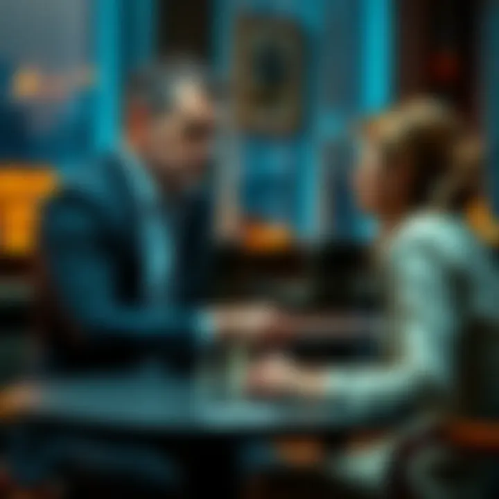 A worried father sits across from his wife, looking remorseful as he reveals his gambling addiction and debt, illustrating a moment of honesty and vulnerability.