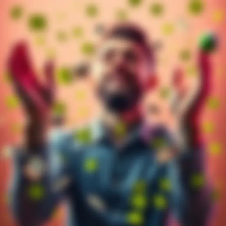 A man with a hopeful expression raising his hands in prayer, surrounded by symbols of luck like clovers and money, representing a connection to Eddayy as a father figure.