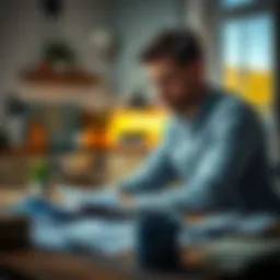 Father Facing Financial Struggles A worried father sitting at a kitchen table, bills and paperwork scattered around, looking stressed and concerned about family finances.