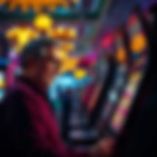 A father looking distressed while playing a slot machine in a casino, surrounded by bright lights and other gamblers