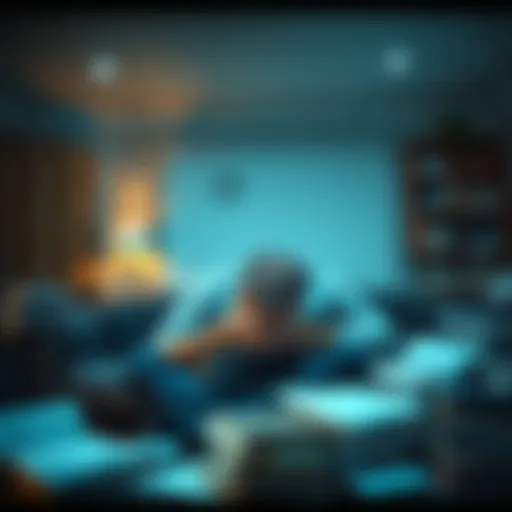 A father sits with his head in his hands, looking worried and stressed about his financial situation, surrounded by bills and paperwork.