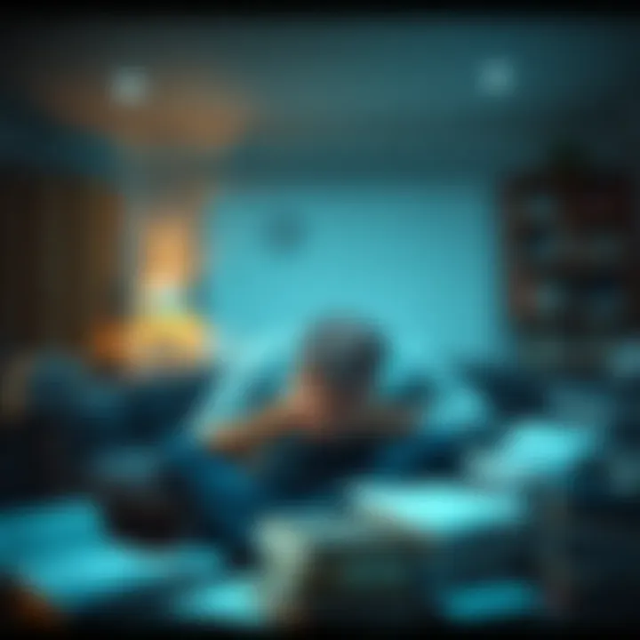 A father sits with his head in his hands, looking worried and stressed about his financial situation, surrounded by bills and paperwork.
