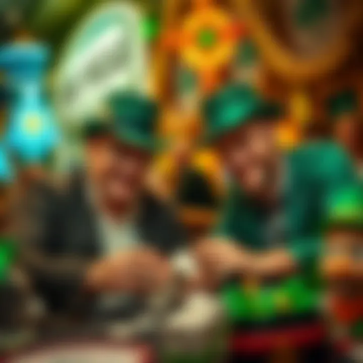A father and son playing dice and celebrating together on Saint Patrick's Day in Las Vegas, surrounded by festive decorations and green attire.