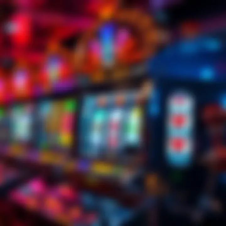 A colorful slot machine with spinning reels and bright symbols, showcasing vibrant lights and excitement, inviting players to try their luck.