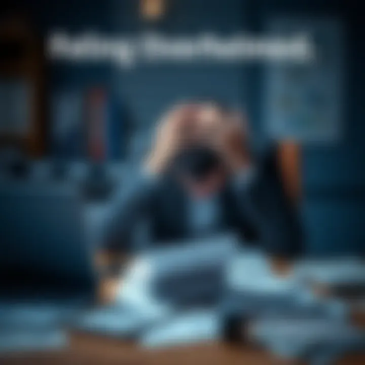 A person sitting at a desk with their head in their hands, surrounded by papers and a laptop, looking stressed and overwhelmed.