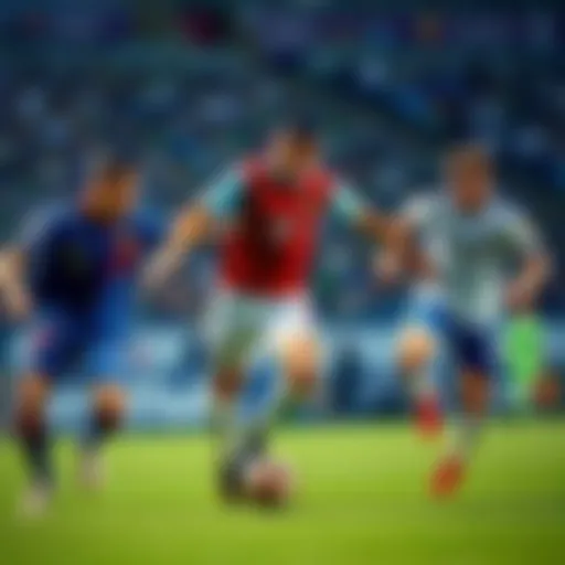 Action shot of teams competing in the FIFA Club World Cup, showcasing players in their jerseys battling for the ball during a tense moment.