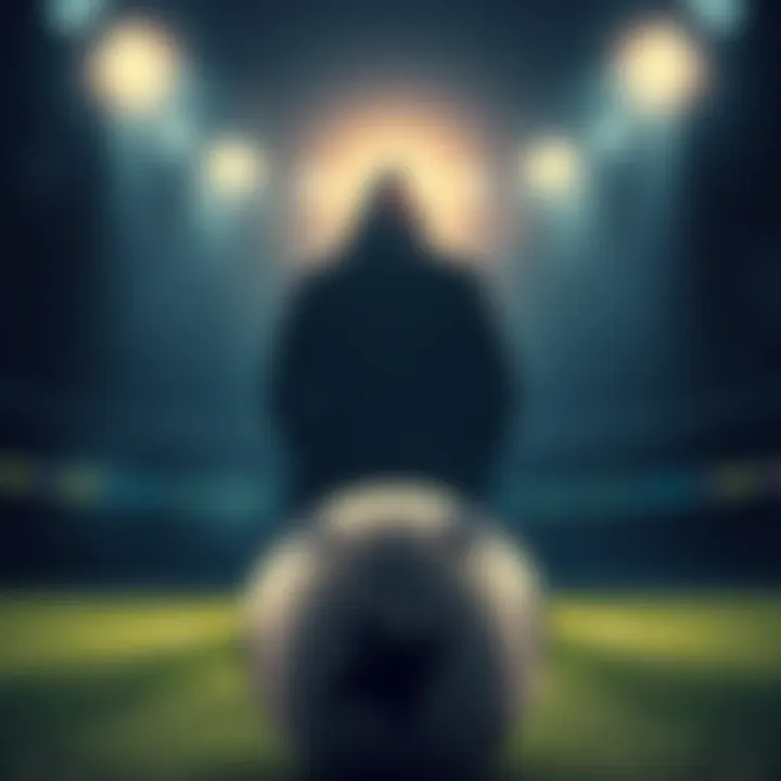 A shadowy figure behind a soccer field, representing corruption in FIFA, with a soccer ball in the foreground.