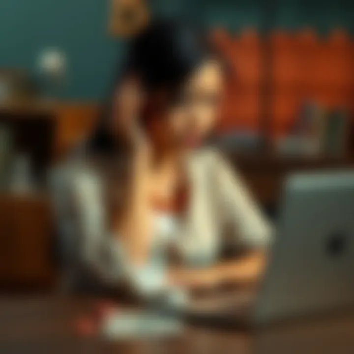 A Filipina woman looking worried, sitting at a table with bills and a laptop, searching for advice online. She appears stressed, reflecting her struggles with gambling debts.
