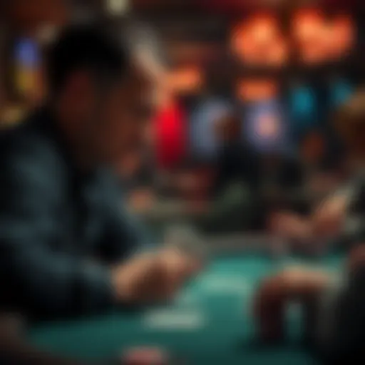 A player contemplating a fold at the final poker table with two pair, looking nervous and focused on their cards and opponent.