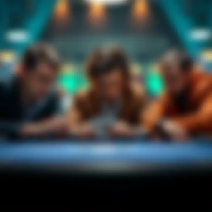 Final Three Players in Poker Game Three poker players at a table, focusing on their cards, with expressions showing tension and strategy