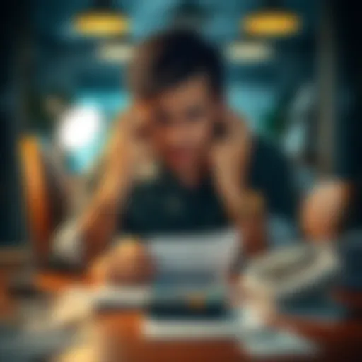 A worried person sitting at a desk with bills and a calculator, looking stressed about gambling losses and taxes.