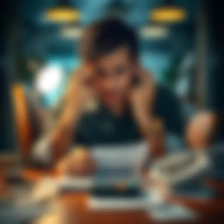 A worried person sitting at a desk with bills and a calculator, looking stressed about gambling losses and taxes.