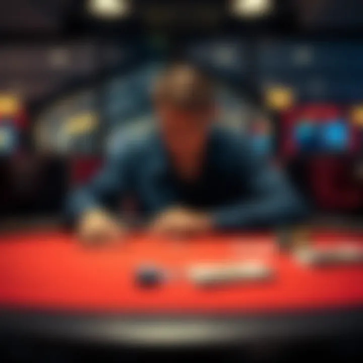 A person sitting at a gambling table, looking worried and stressed, with a few chips and a small amount of cash in front of them, symbolizing financial loss.