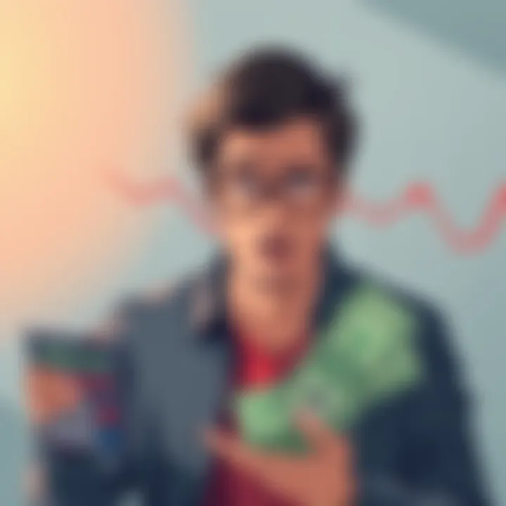An illustration showing a person looking confused while holding a calculator and bills, with a graph showing a downward trend in the background.