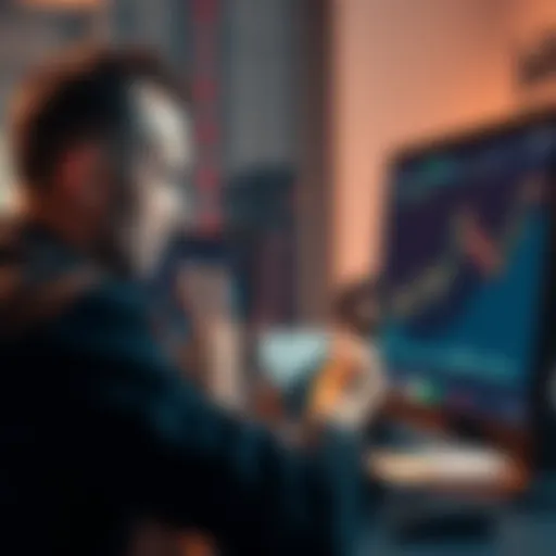 A man looking distressed while reviewing a stock market chart on a computer, reflecting emotional pain from financial loss.