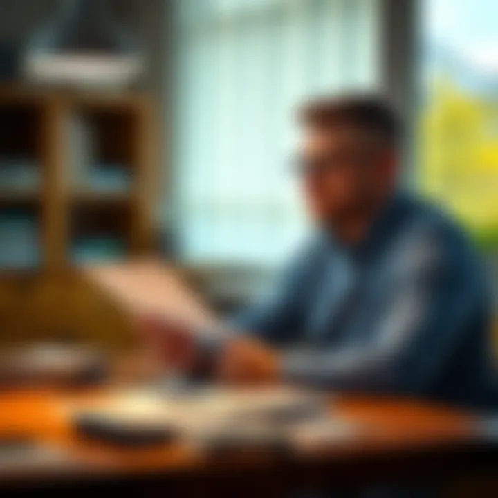 A man sitting at a table, looking thoughtful while reviewing bills and a budget plan, symbolizing financial challenges and recovery.