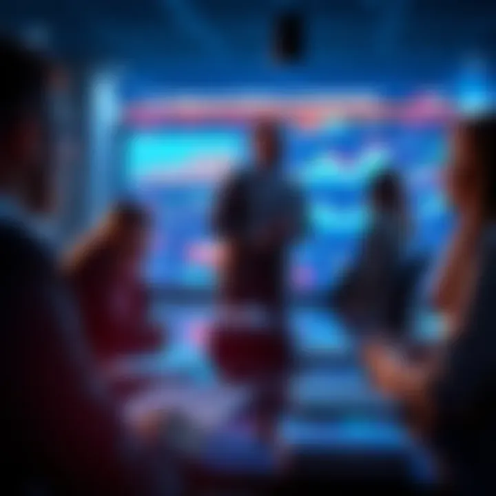 A group of people discussing financial strategies with charts and graphs on a screen