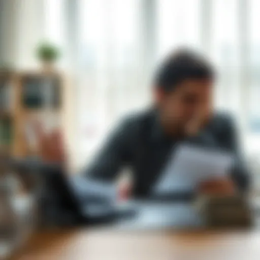 Person looking stressed about finances A person sitting at a table with bills and a calculator, showing signs of stress and worry over financial issues.