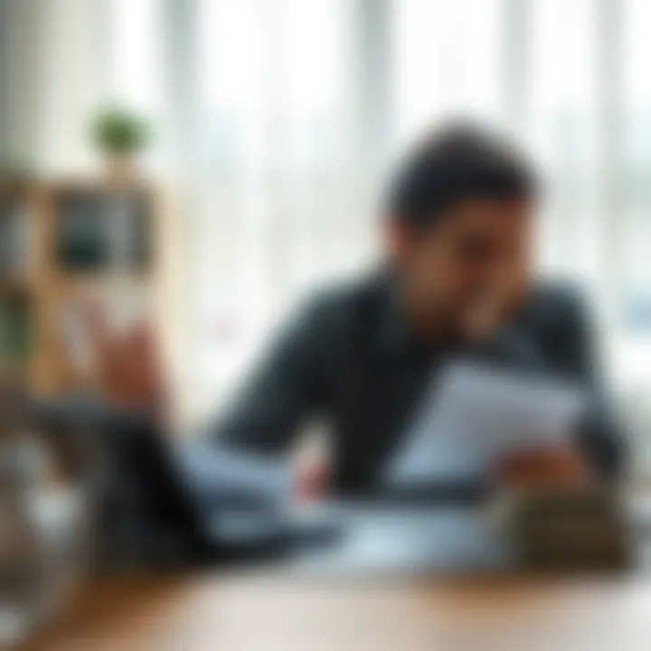 Person looking stressed about finances A person sitting at a table with bills and a calculator, showing signs of stress and worry over financial issues.