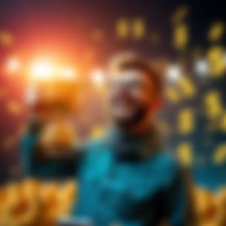 Financial benefits after completing a task A person celebrating financial success with a trophy and dollar signs in the background