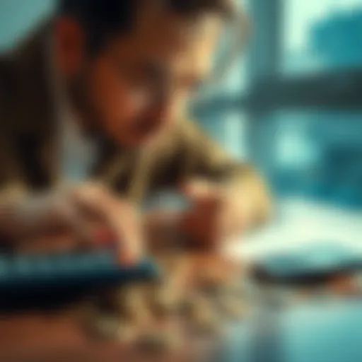 A person contemplating financial choices with coins and a calculator on the table.